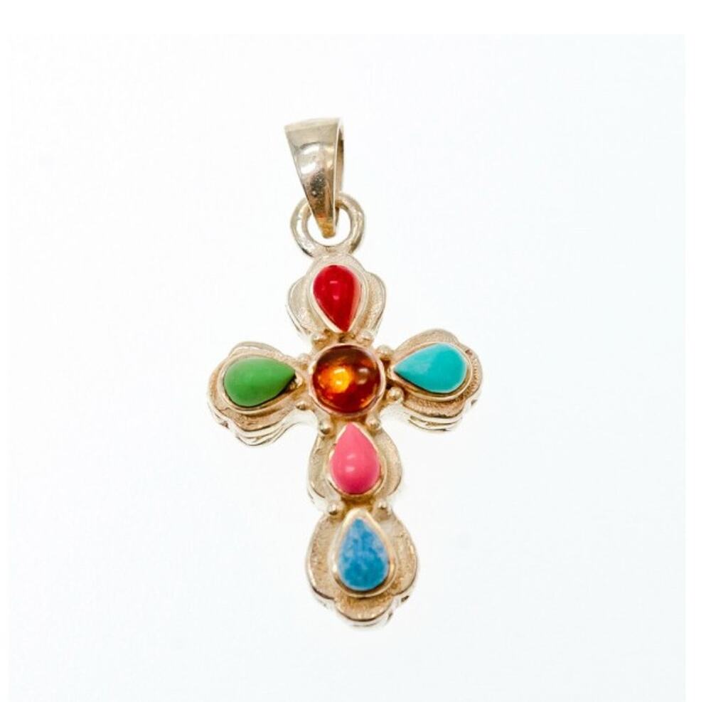 925 Sterling Silver Multicolor Agate Cross Pendant